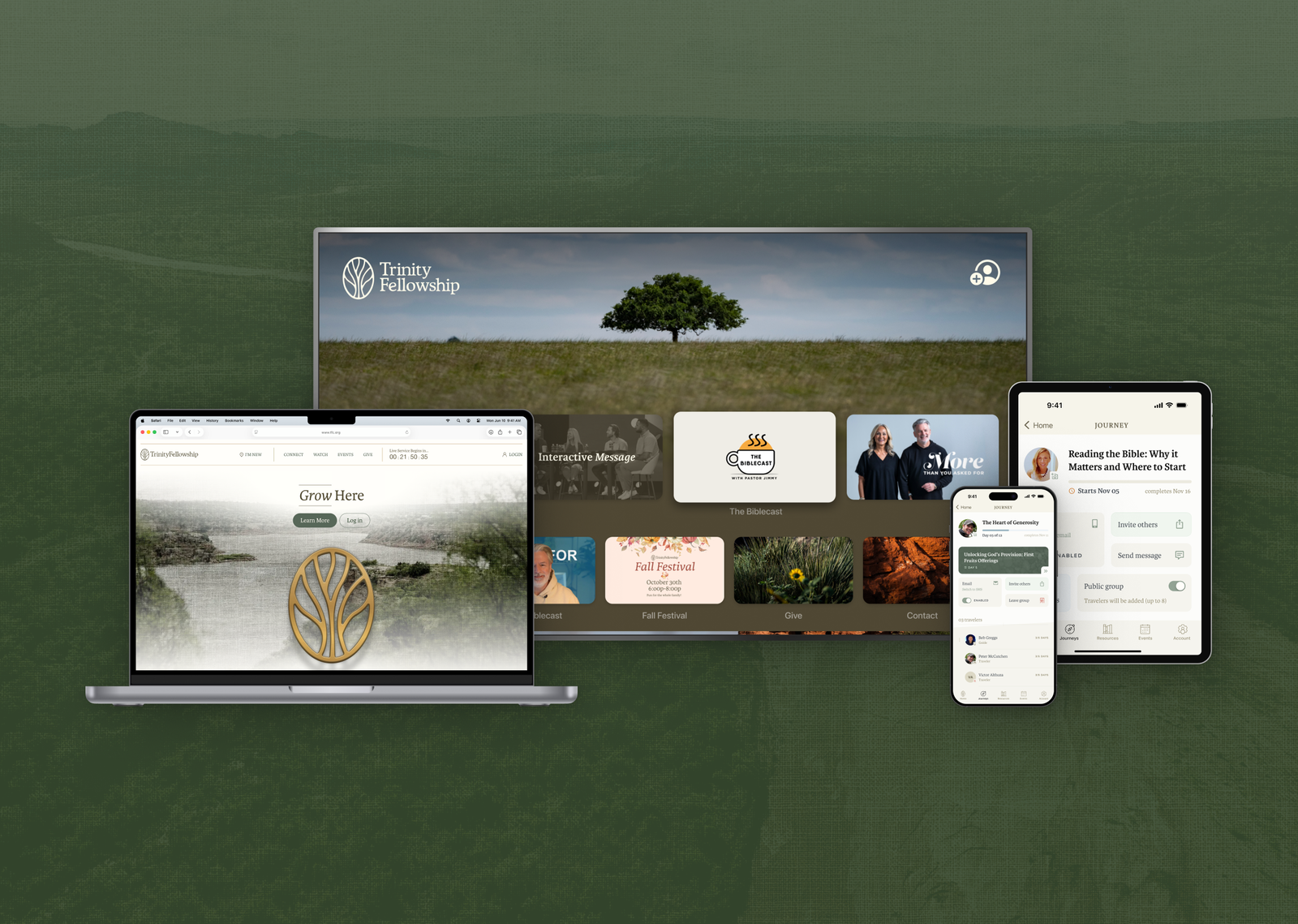 Various devices displaying the Trinity mobile app, website, and TV app