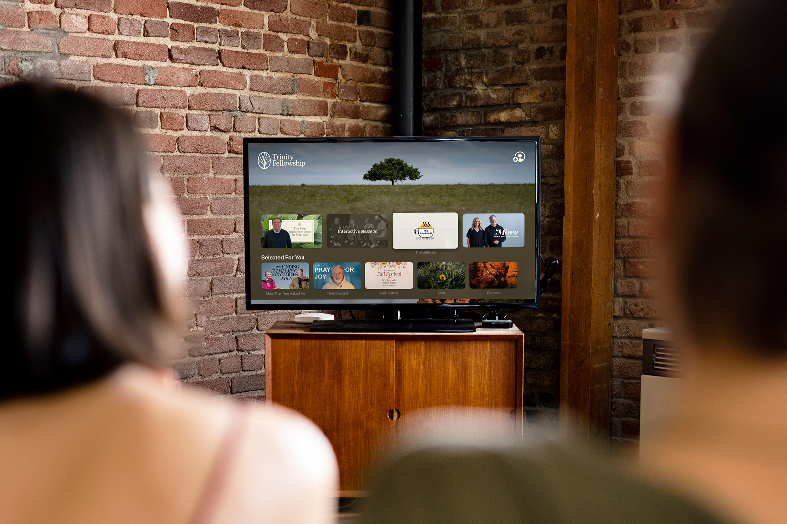 Trinity Fellowship tv app on a tv in a living room