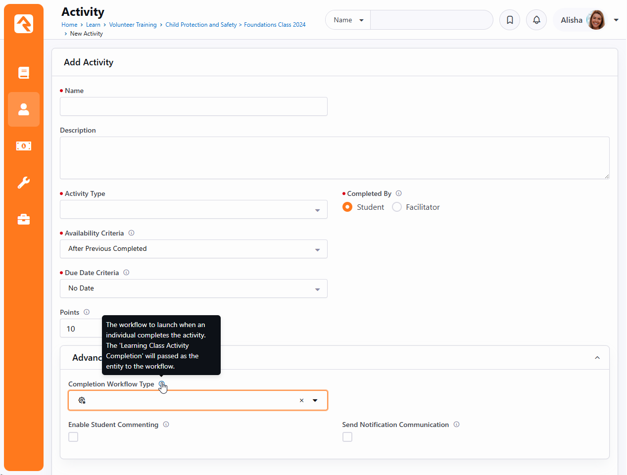 Completion Workflow Type configuration for an LMS Activity