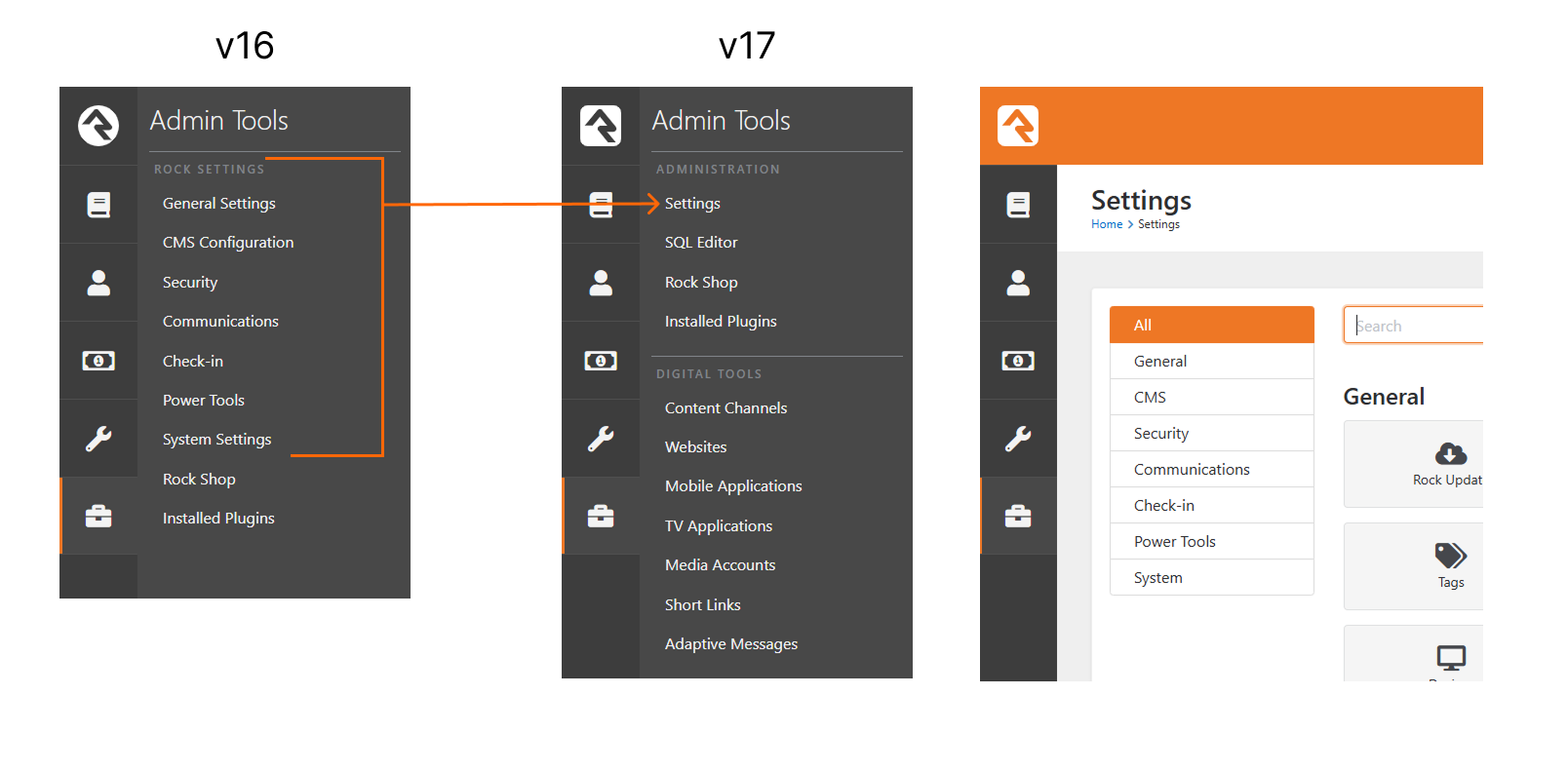 Admin Tools menu changes from v16 to v17